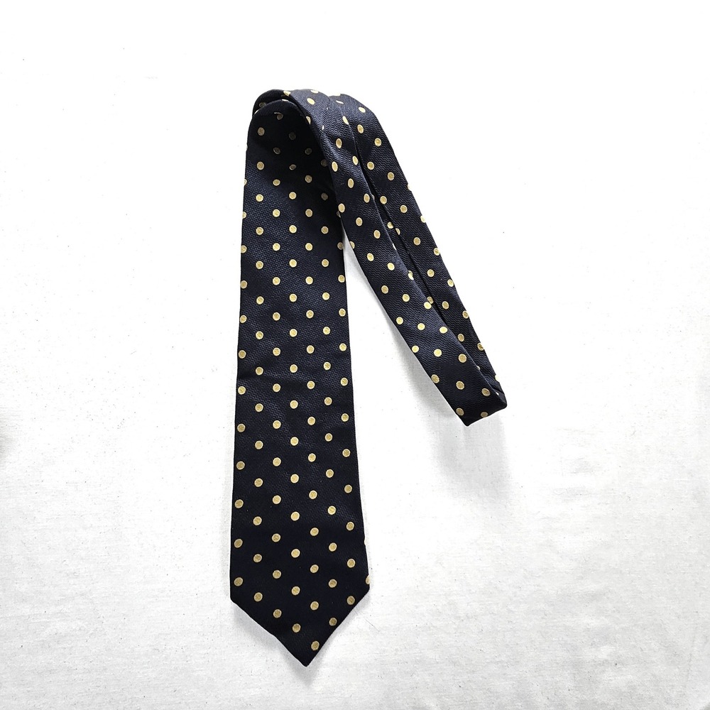 Lauren Ralph Lauren Mens Silk Tie Navy Blue Gold Polka Dot Herringbone USA Made